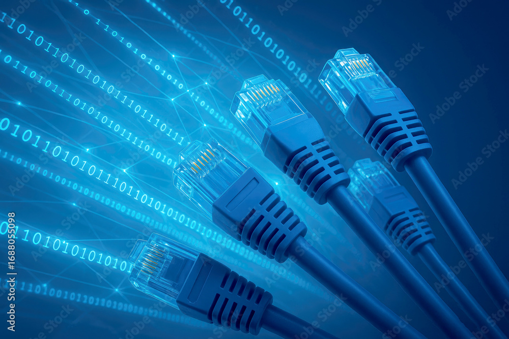 Poster group of blue ethernet network cables with rj45 connectors extending forward against a digital binar