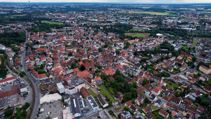 Aerial panorama view of the old town in the city Zirndorf in Bavaria in Germany on a sunny day in spring