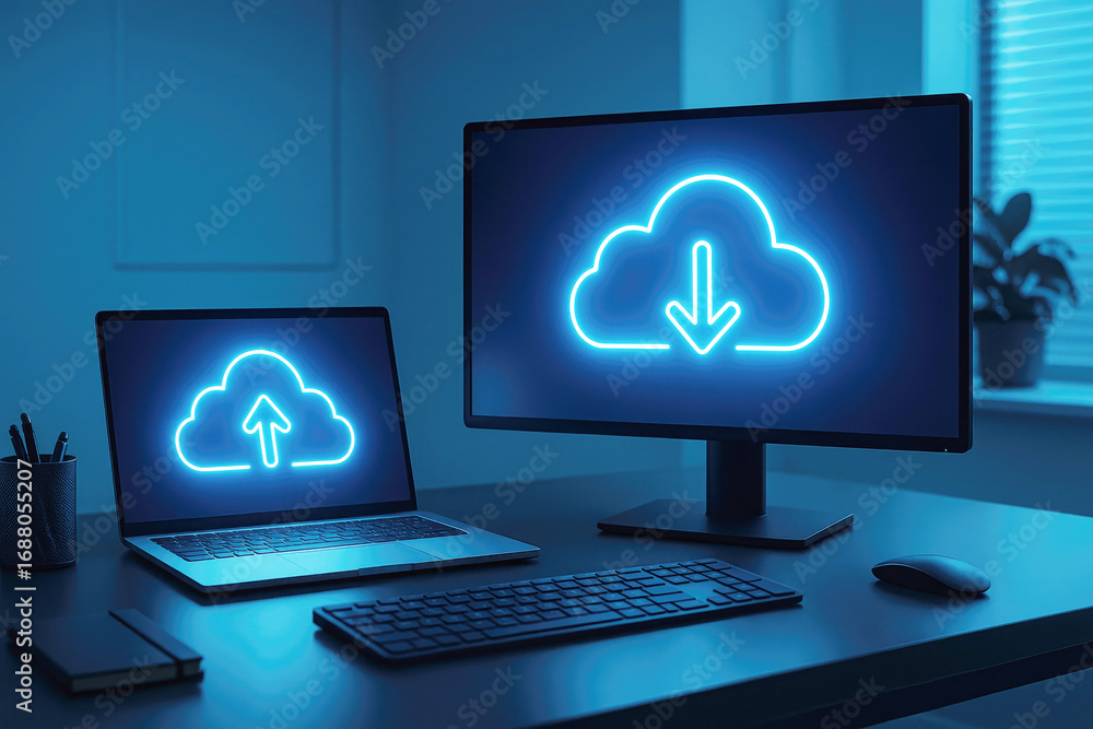 Poster laptop and desktop computer displaying glowing blue cloud upload icon on a modern desk monitor scree