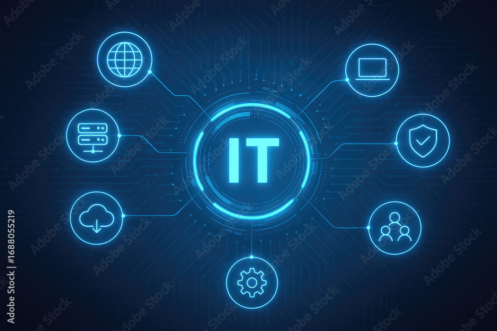Poster it information technology concept with globe laptop cloud server user and gear icons computer networ