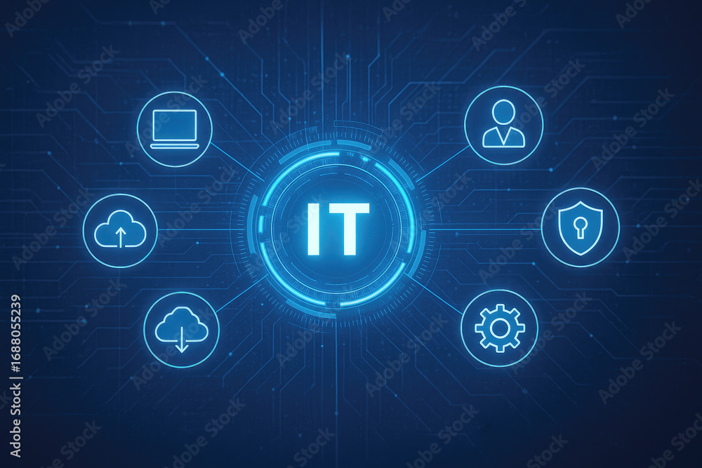 Poster it information technology concept with icons for laptop cloud security and user computer network