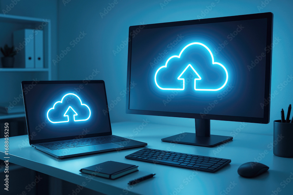 Poster laptop and desktop computer displaying glowing blue cloud upload icon on a modern desk monitor scree