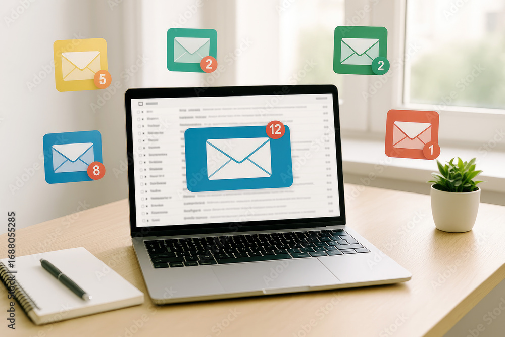Poster laptop displaying an inbox with multiple email notification icons of various colors and counts messa