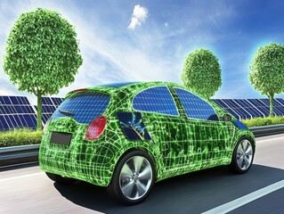 Futuristic Electric Car Concept with Environmental Elements and Solar Panels in the Background on a Sunny Day