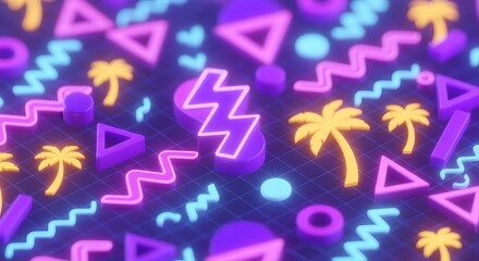 A vibrant 3D pattern of neon geometric shapes and palm trees in a retro 1980s synthwave style.
