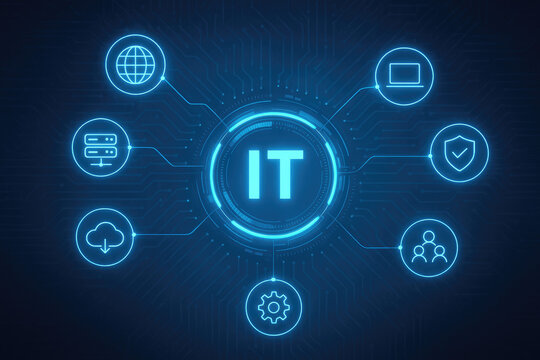 IT Information Technology Concept with Globe Laptop Cloud Server User and Gear Icons computer network