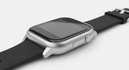 Close up of a silver smart watch with a black band on a white background showcasing the device detail