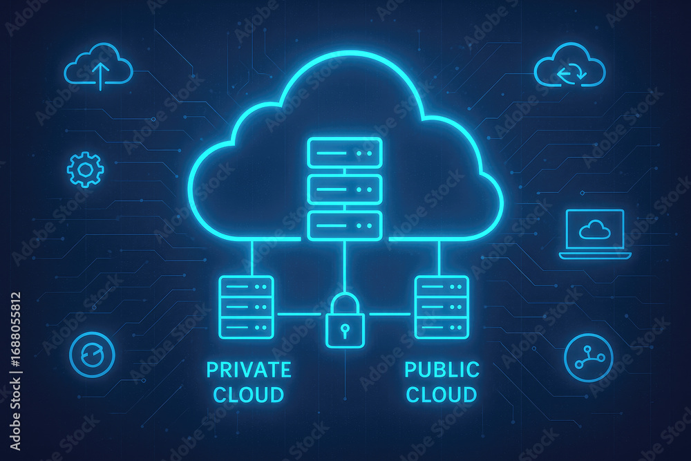 Poster neon blue hybrid cloud computing diagram with private and public cloud icons and data flow private c