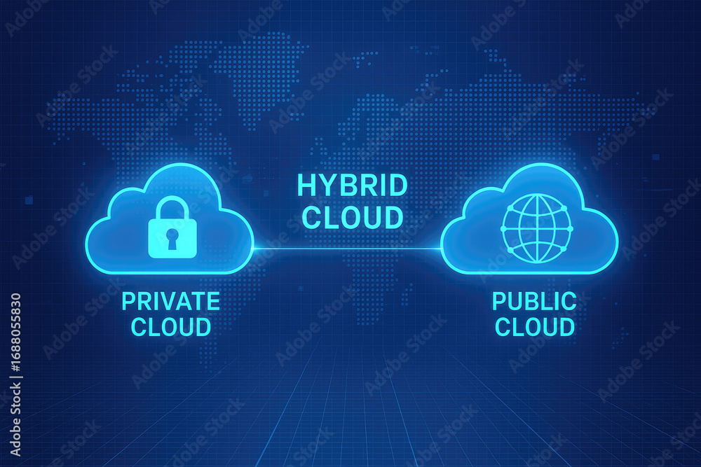 Aufkleber neon blue hybrid cloud concept with private cloud lock and public cloud globe on digital map cloud c