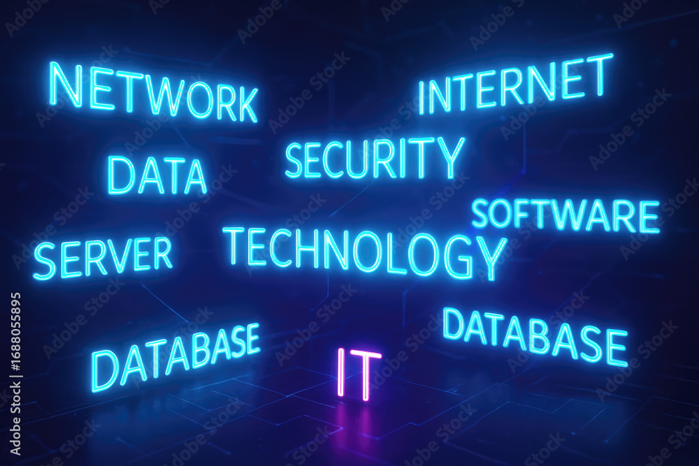Poster neon words related to technology and it floating in a digital space network internet