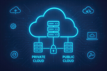 Naklejka premium Neon blue hybrid cloud computing diagram with private and public cloud icons and data flow private cloud