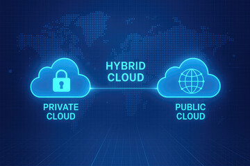 Neon blue hybrid cloud concept with private cloud lock and public cloud globe on digital map cloud computing