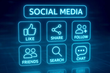 Neon blue social media icons and text for like share follow friends search chat image photo