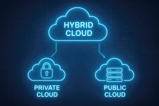 Neon blue hybrid cloud concept diagram with private and public cloud icons cloud computing private cloud