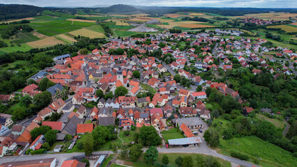 Aerial panorama view of the old town in the city Markt Einersheim in Bavaria in Germany on a sunny day in spring