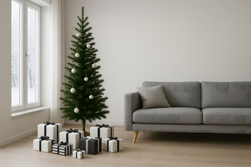 Elegant minimalist living room with a decorated Christmas tree and a stylish arrangement of presents, creating a serene holiday atmosphere