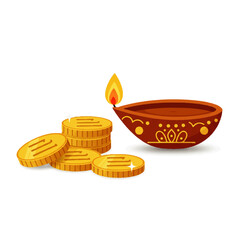 Traditional Indian Diya Lamp with Gold Coins for Diwali Festival.