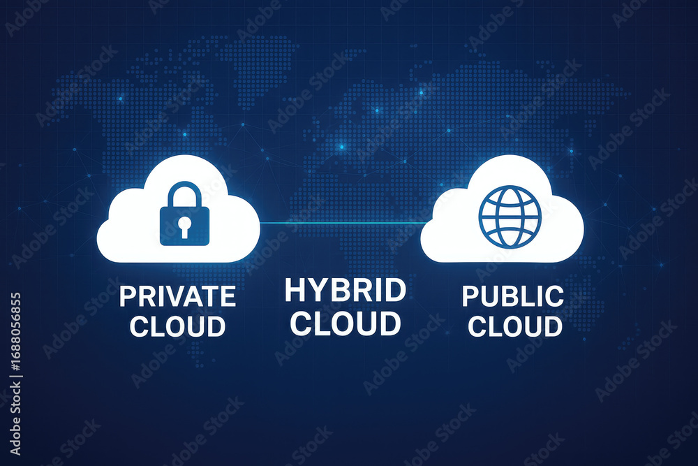Poster private hybrid and public cloud comparison with lock and globe icons on world map background cloud c
