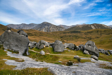 The iconic famous rock formations and ancient boulders at Castle Hill Canterbury NZ