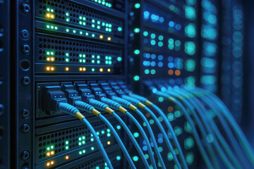 Rows of Network Servers with Blinking Yellow and Blue Lights and Connected Fiber Optic Cables data center