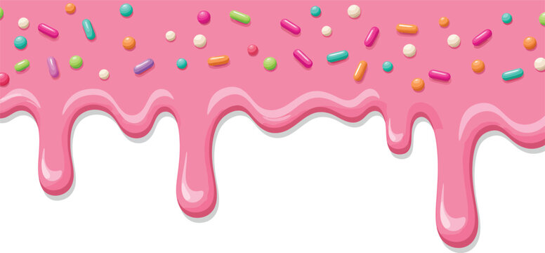 Pink ice cream melted with colorful cute candy sprinkles
