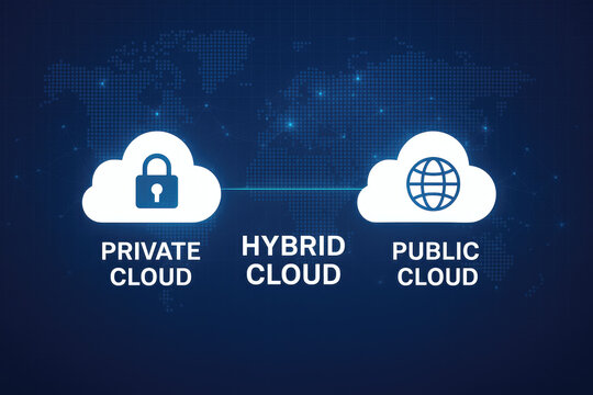 Private hybrid and public cloud comparison with lock and globe icons on world map background cloud computing