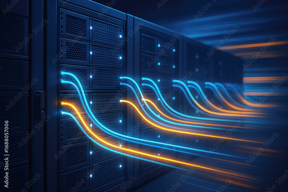 Poster server racks with glowing blue and orange data cables flowing into a network data center computer