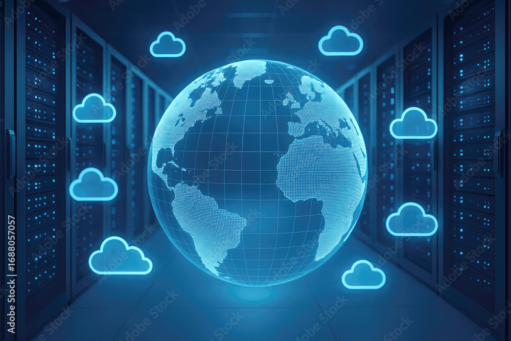 Poster server room with glowing racks and a digital earth surrounded by multiple cloud icons representing g