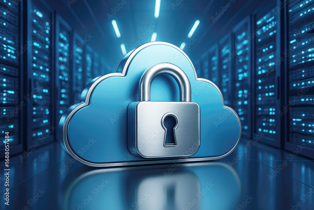 Aufkleber secure cloud computing with padlock in server room with blue lights security data