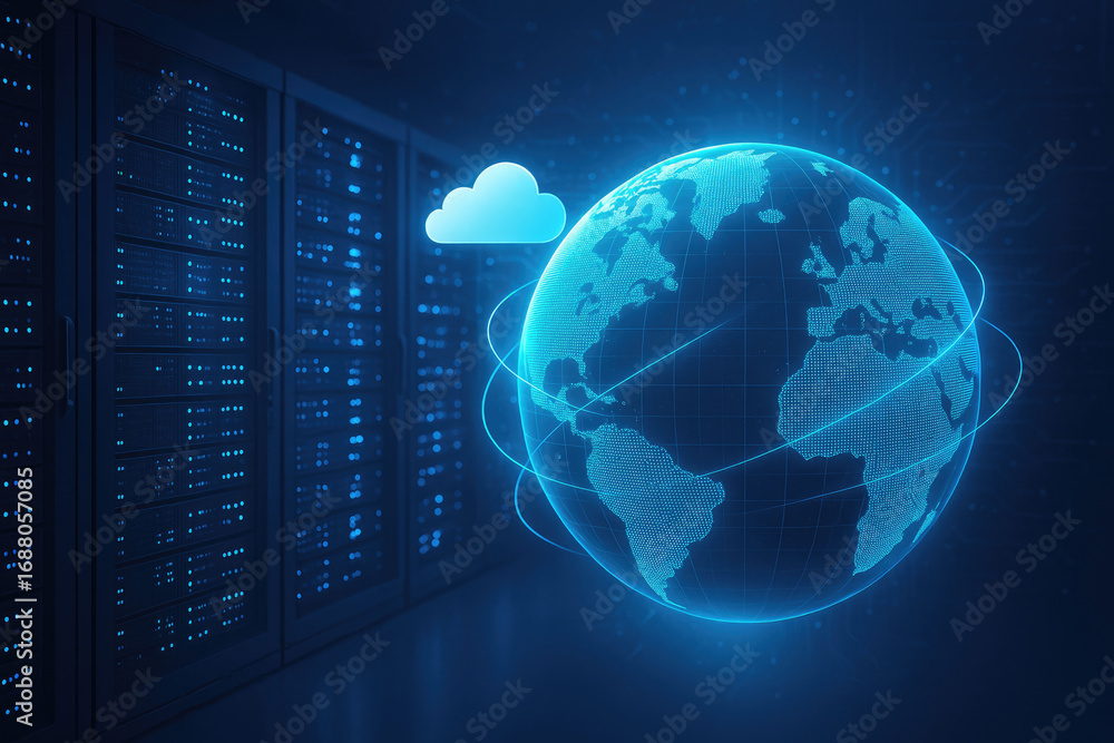 Poster server room with glowing racks and a digital earth with cloud icons representing global data and clo