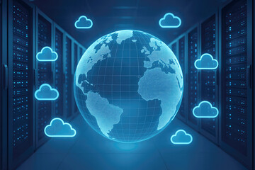 Server room with glowing racks and a digital earth surrounded by multiple cloud icons representing global cloud services