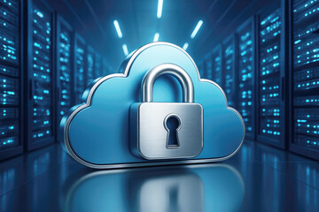 Secure Cloud Computing With Padlock In Server Room With Blue Lights security data