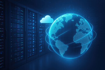Server room with glowing racks and a digital earth with cloud icons representing global data and cloud services