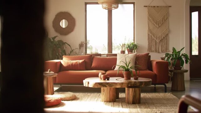 Warm living room with terracotta accents