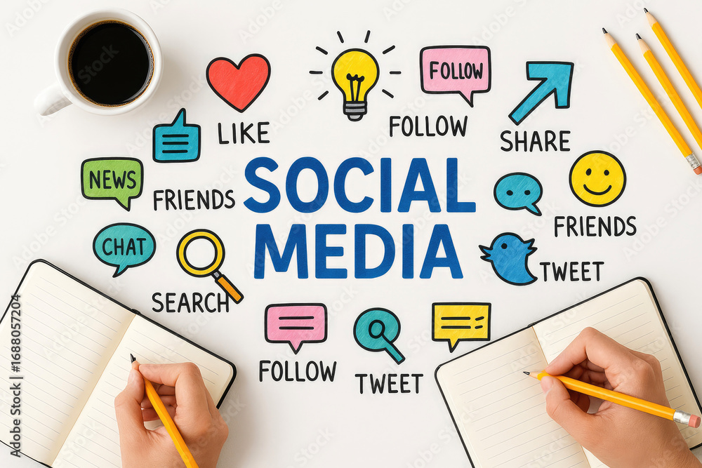Poster social media icons and concepts hand drawn around central text on white background communication net