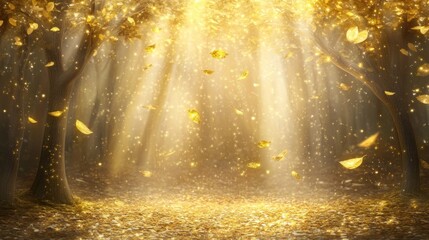 Enchanting golden forest scene with magical light and falling leaves creating a serene and
