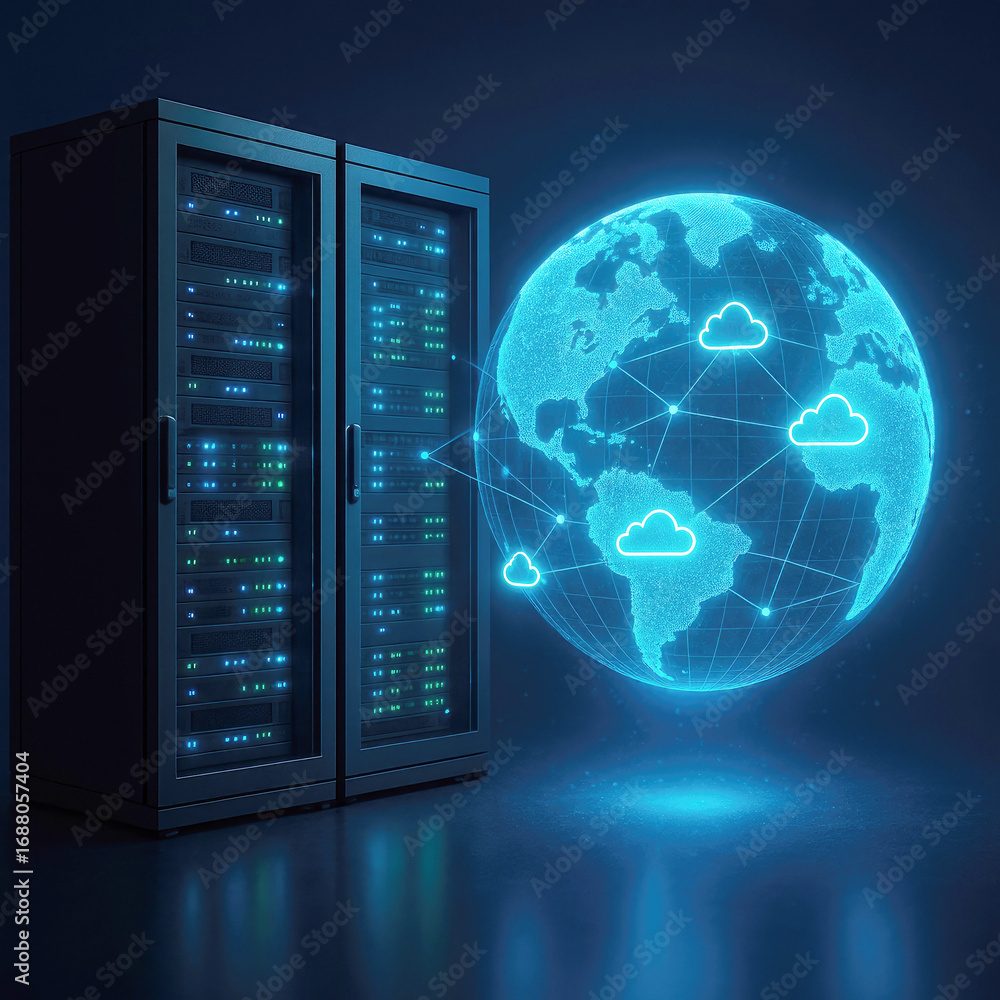 Poster two server racks beside a glowing blue globe displaying cloud icons and network connections data cen