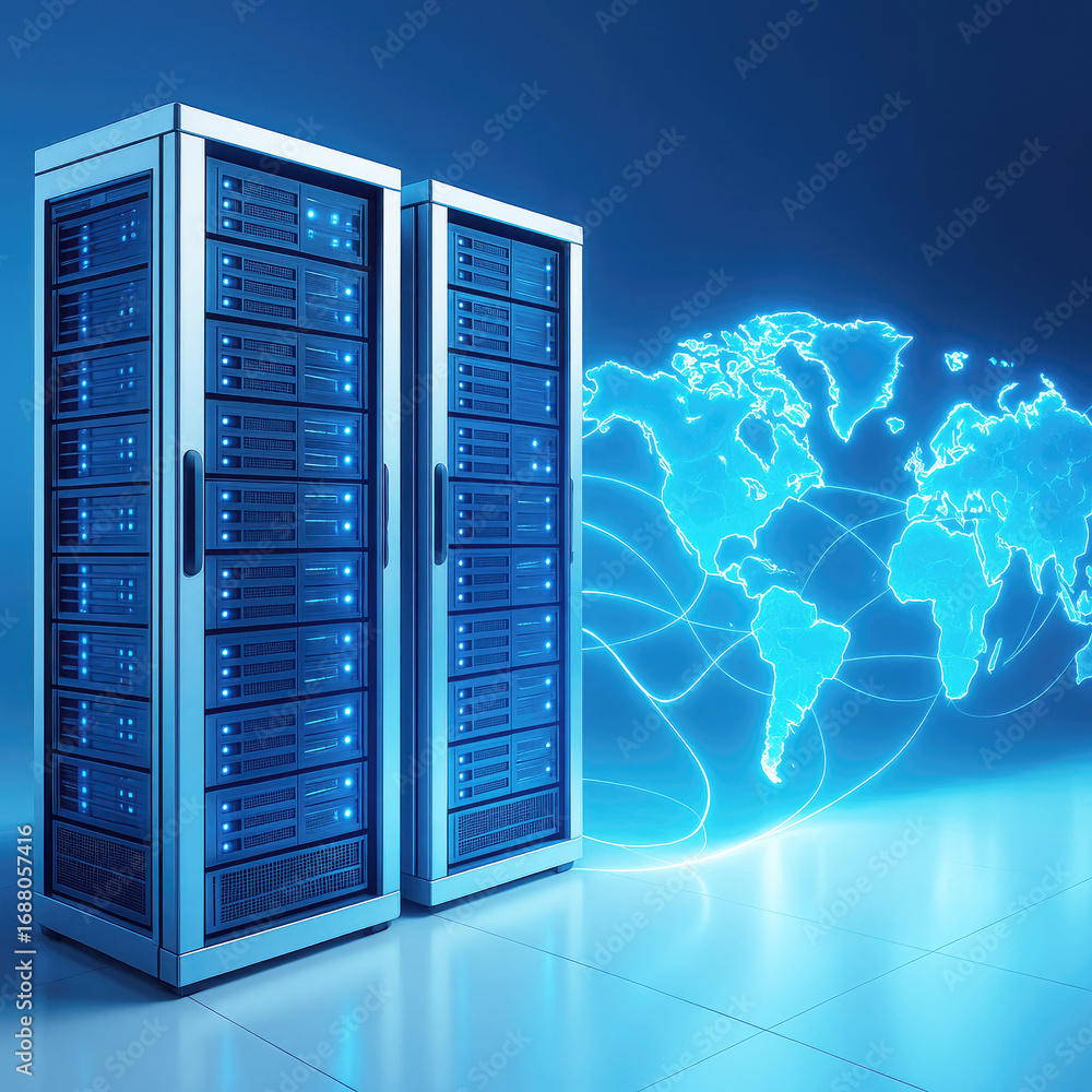 Aufkleber two server racks in a data center with a glowing blue world map and network connections extending ou