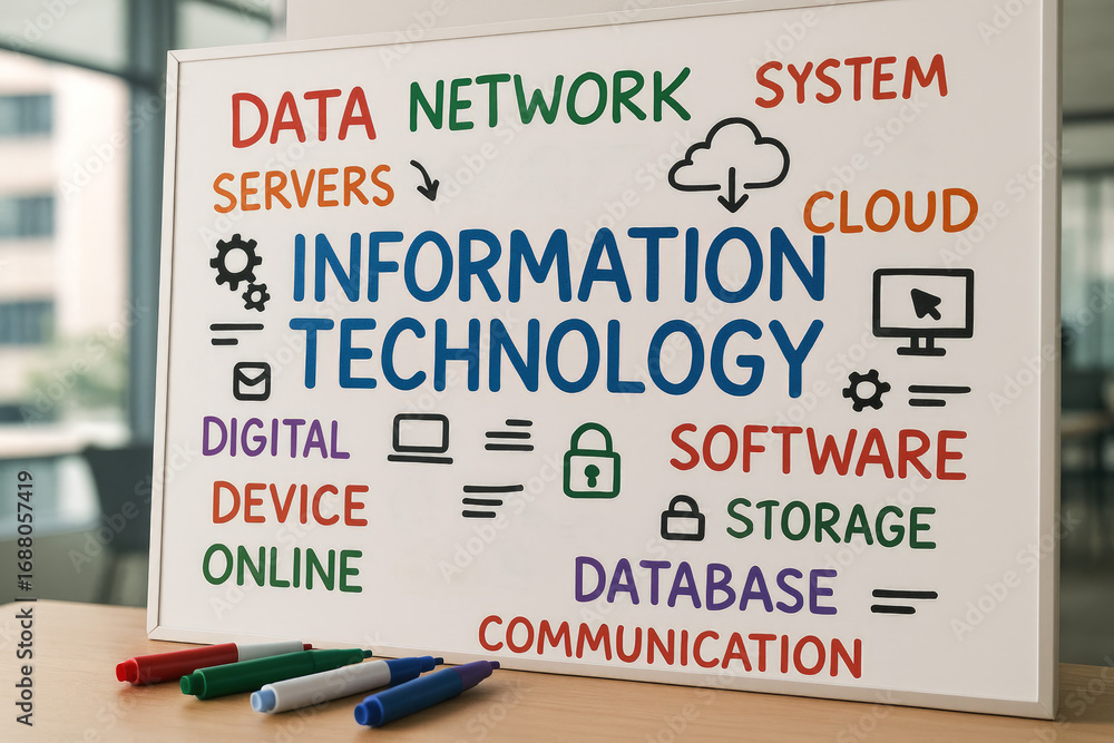 Poster whiteboard displaying information technology concepts with colorful markers data network