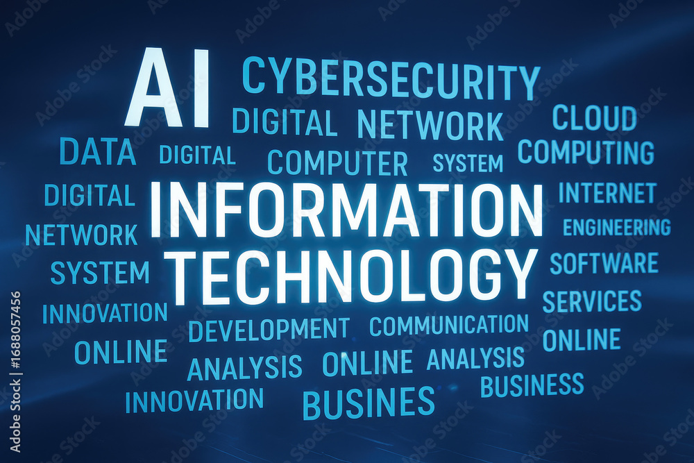 Poster word cloud of technology and business terms including ai cybersecurity data digital network informat