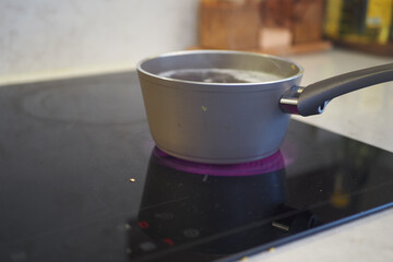 Water boiling in pot on induction cooktop in kitchen