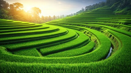 Lush Green Rice Terraces at Sunrise showcasing agricultural landscape and tradition