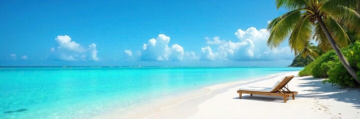 Relaxing on a tranquil island, surrounded by turquoise water, a lone deckchair sits invitingly on the pristine white sand, under a clear blue sky The perfect escape , tropical, sun