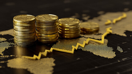3D rendering of gold coins with a stock market graph and an upward-pointing arrow on a world map background