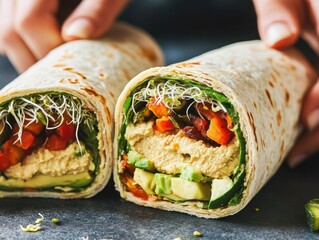 Fresh Vegetable Wrap with Avocado and Hummus on a Dark Surface, Healthy Snack or Meal Preparation