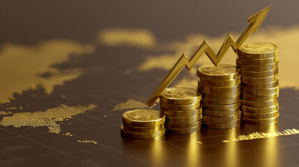 3D rendering of gold coins with a stock market graph and an upward-pointing arrow on a world map background