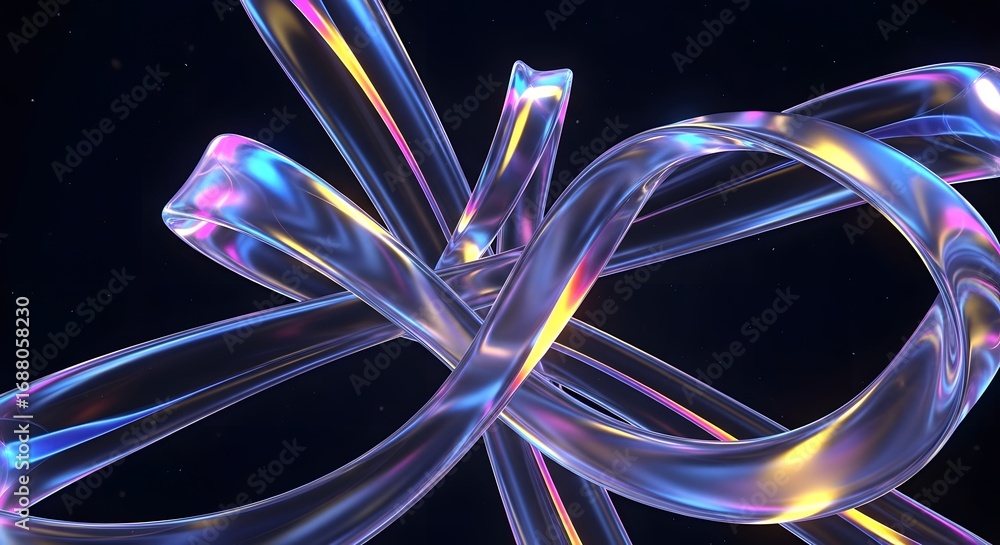 Aufkleber abstract iridescent glass ribbons intertwining in a dark void, reflecting vibrant colors and creatin