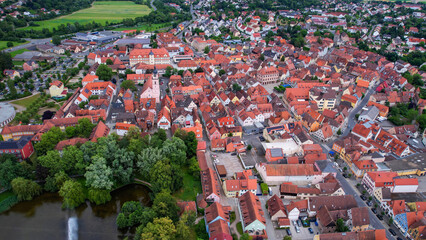 Aerial panorama view of the old town in the city Neustadt an der Aisch in Bavaria in Germany on a sunny day in spring