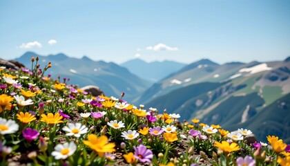 Fototapeta premium A vibrant mountain meadow carpeted with an array of wildflowers in various colors