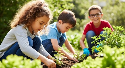Childhood joy and environmental education as multicultural children plant together in a sunny garden